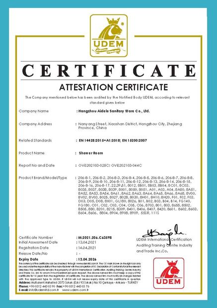 چین Hangzhou Aidele Sanitary Ware Co., Ltd. گواهینامه ها